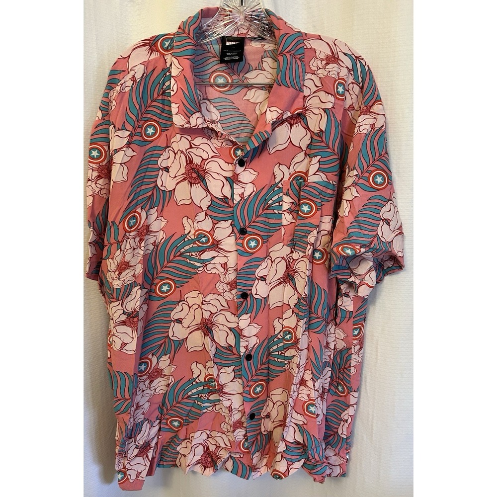Marvel Captain America Tropical Floral Button Down Mens 2XL Pink vacation travel